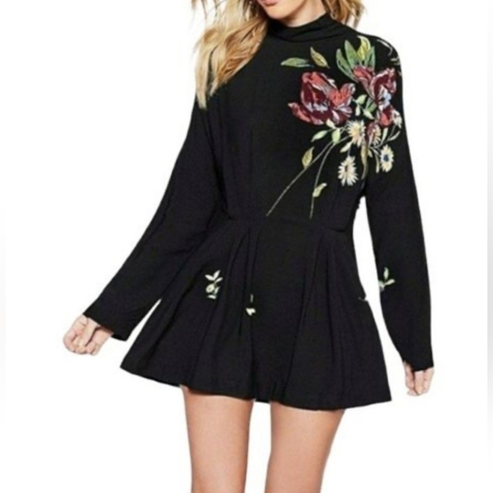 Free People Gemma Printed Black Floral Tunic Size S